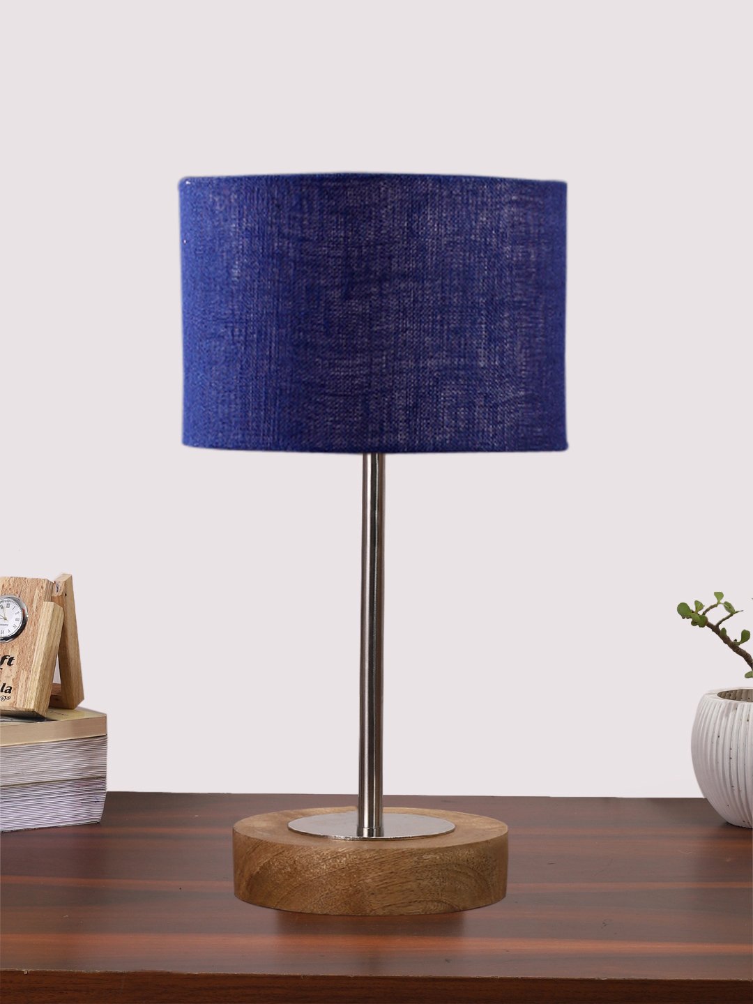 Ambika Home Luxury Premium Devansh Blue Jute table lamp with Natural Wood Base & Steel Pipe (7X17 inches)-13 Lamp with Blue Shade for Living Room, Bedroom & Hallway
