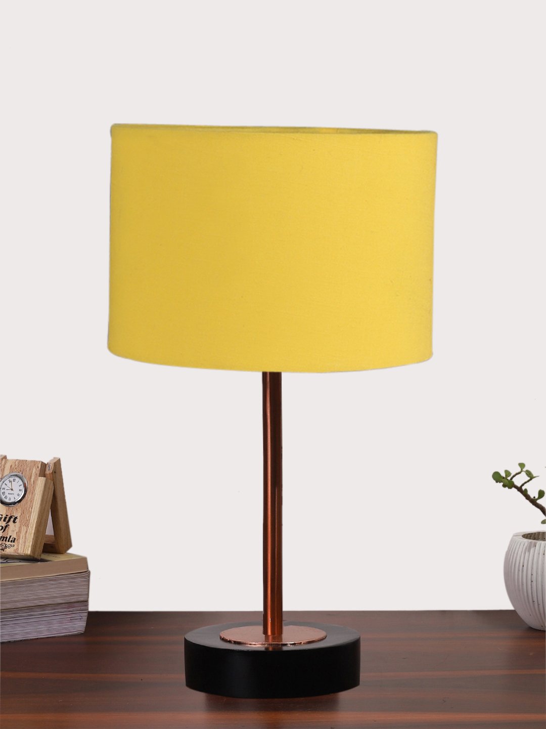 Ambika Home Luxury Premium Devansh Yellow cotton table lamp with Black wood base & Copper finish Metal (7X17 inches)-6 Lamp with Yellow Shade for Living Room, Bedroom & Hallway
