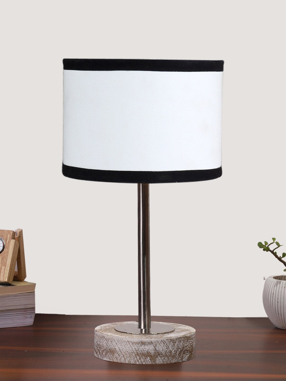 Ambika Home Luxury Premium Devansh Multicolor cotton table lamp with White Brushed Wood Base & Golden finish Metal (7X17 inches)-8 Lamp with Multicolor Shade for Living Room, Bedroom & Hallway