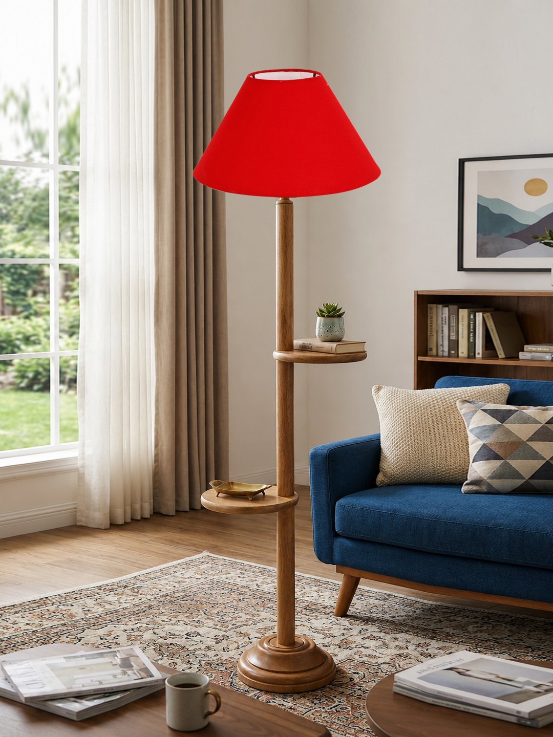 Ambika Home Red cotton Conical shade with Double Shelf floor Lamp Modern Floor Lamp | Red Cotton Shade, Wood Base | Luxury Living Room, Bedroom & Home Decor Lighting