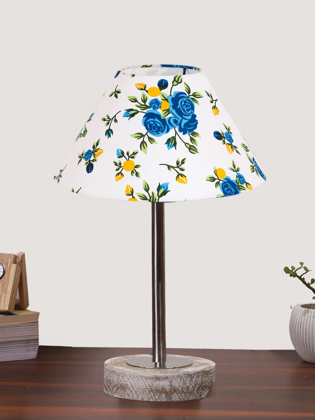 Ambika Home Luxury Premium Devansh Multicolor cotton table lamp with White Brushed Wood Base & Golden finish Metal (10X16.25 inches)-38 Lamp with Multi Shade for Living Room, Bedroom & Hallway