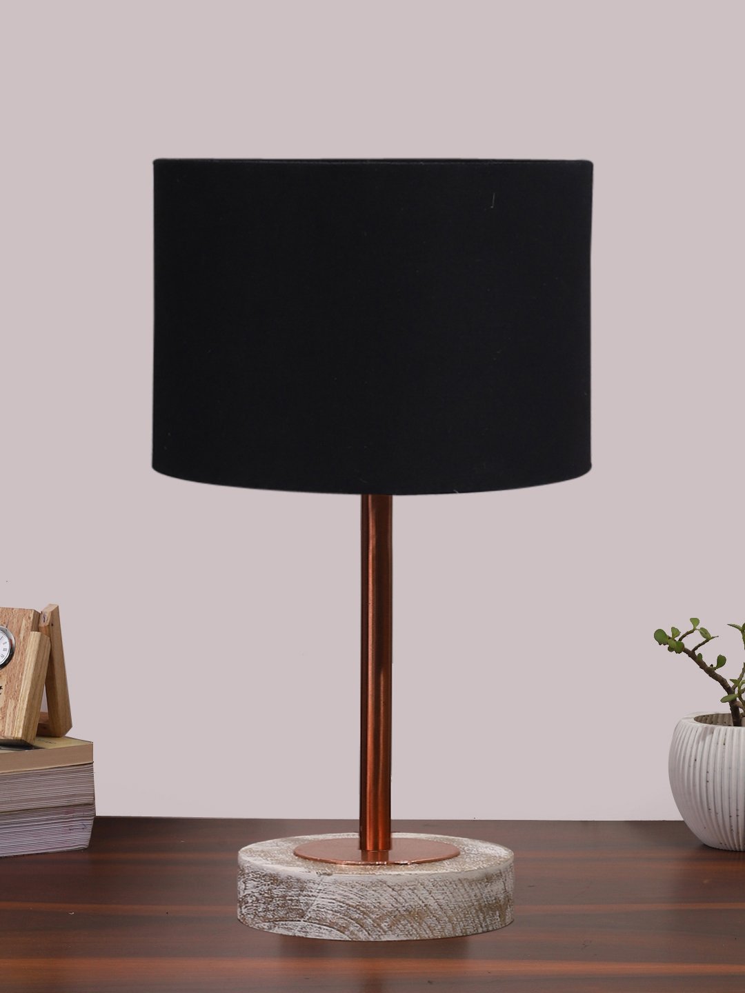 Ambika Home Luxury Premium Devansh Black Jute table lamp with Natural Wood Base & Steel Pipe (7X17 inches)-17 Lamp with Black Shade for Living Room, Bedroom & Hallway