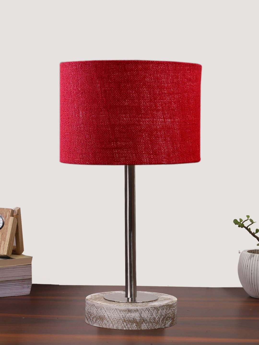 Ambika Home Luxury Premium Devansh Maroon Jute table lamp with g White Brushed Wood Base & Golden finish Metal -(7X17 inches)-12 Lamp with Maroon Shade for Living Room, Bedroom & Hallway