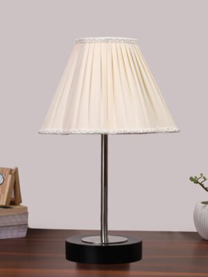 Ambika Home Luxury Premium Devansh Off-white cotton Vintage lamp with Black wood base & Steel Pipe (12x17.75) Lamp with off-white Shade for Living Room, Bedroom & Hallway