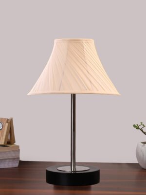 Ambika Home Luxury Premium Devansh Off-white cotton Vintage Cross Pleated   lamp with Black wood base & Steel Pipe  (12x17.75) Lamp with off-white Shade for Living Room, Bedroom & Hallway