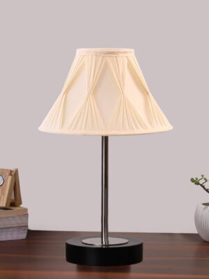 Ambika Home Luxury Premium Devansh Off-white cotton Vintage Curtain Pleated lamp with Black wood base & Steel Pipe (12x17.75) Lamp with off-white Shade for Living Room, Bedroom & Hallway