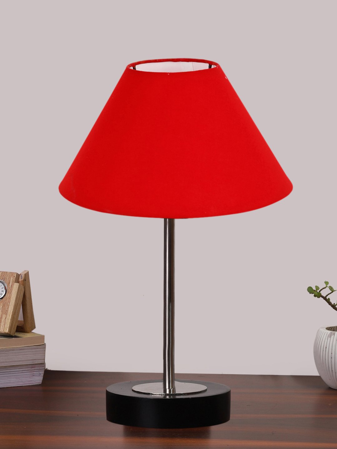 Ambika Home Luxury Premium Devansh Red cotton table lamp with Black wood base & Steel Pipe (10X16.25 inches)-29 Lamp with Red Shade for Living Room, Bedroom & Hallway