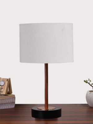 Ambika Home Luxury Premium Devansh Grey cotton table lamp with  Black wood base & Copper finish Metal (7X17 inches)-7 Lamp with Grey Shade for Living Room, Bedroom & Hallway