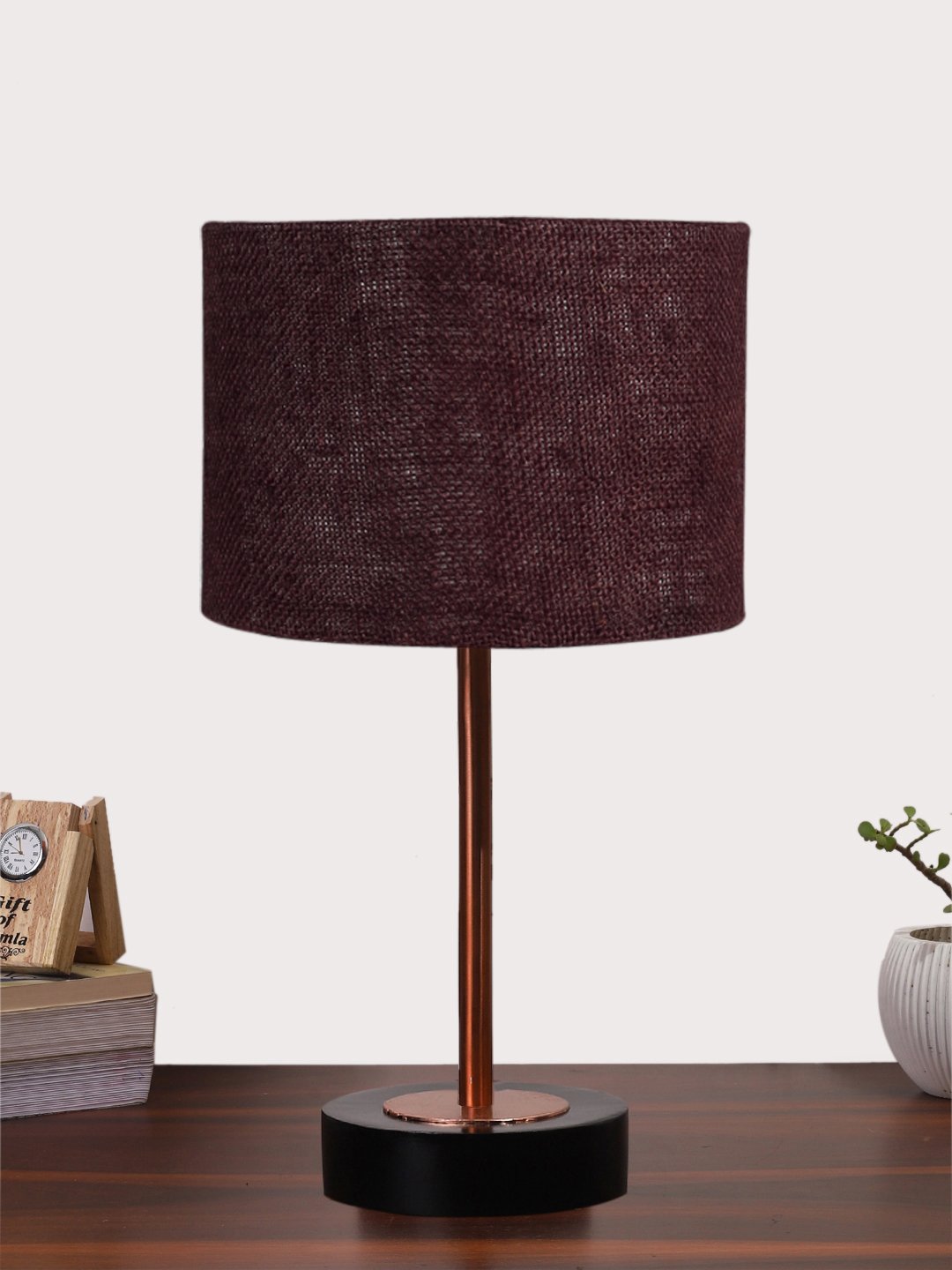Ambika Home Luxury Premium Devansh Brown Jute table lamp with Black wood base & Copper finish Metal (7X17 inches)-17 Lamp with Brown Shade for Living Room, Bedroom & Hallway