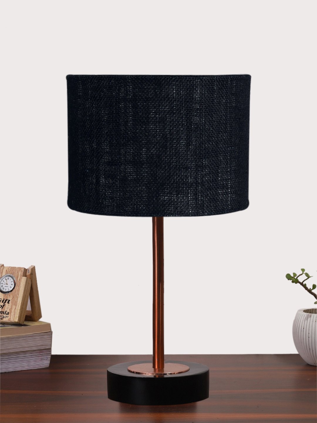 Ambika Home Luxury Premium Devansh Black Jute table lamp with Black wood base & Copper finish Metal (7X17 inches)-17 Lamp with Black Shade for Living Room, Bedroom & Hallway