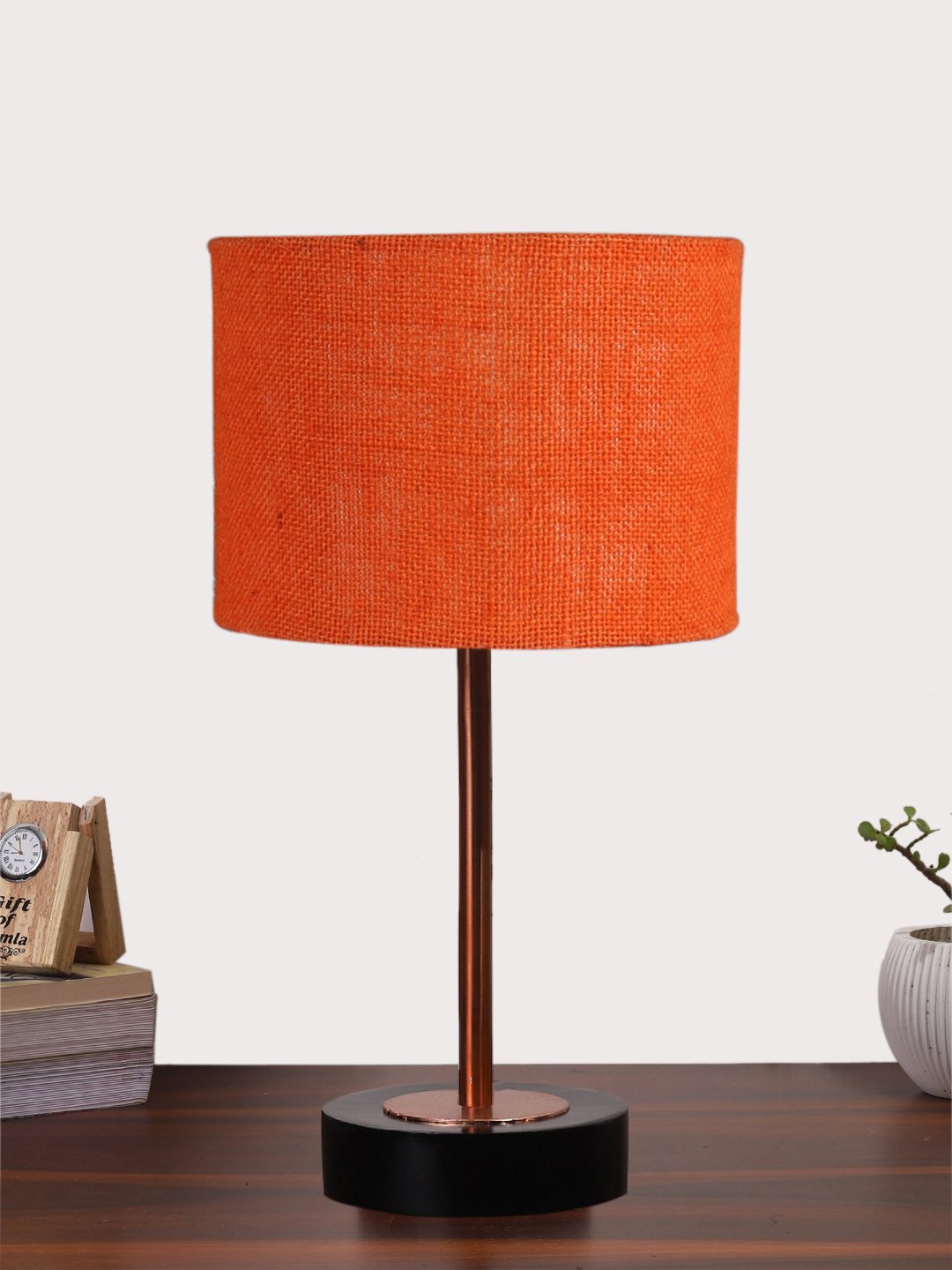 Ambika Home Luxury Premium Devansh Orange Jute table lamp with Black wood base & Copper finish Metal (7X17 inches)-17 Lamp with Orange Shade for Living Room, Bedroom & Hallway