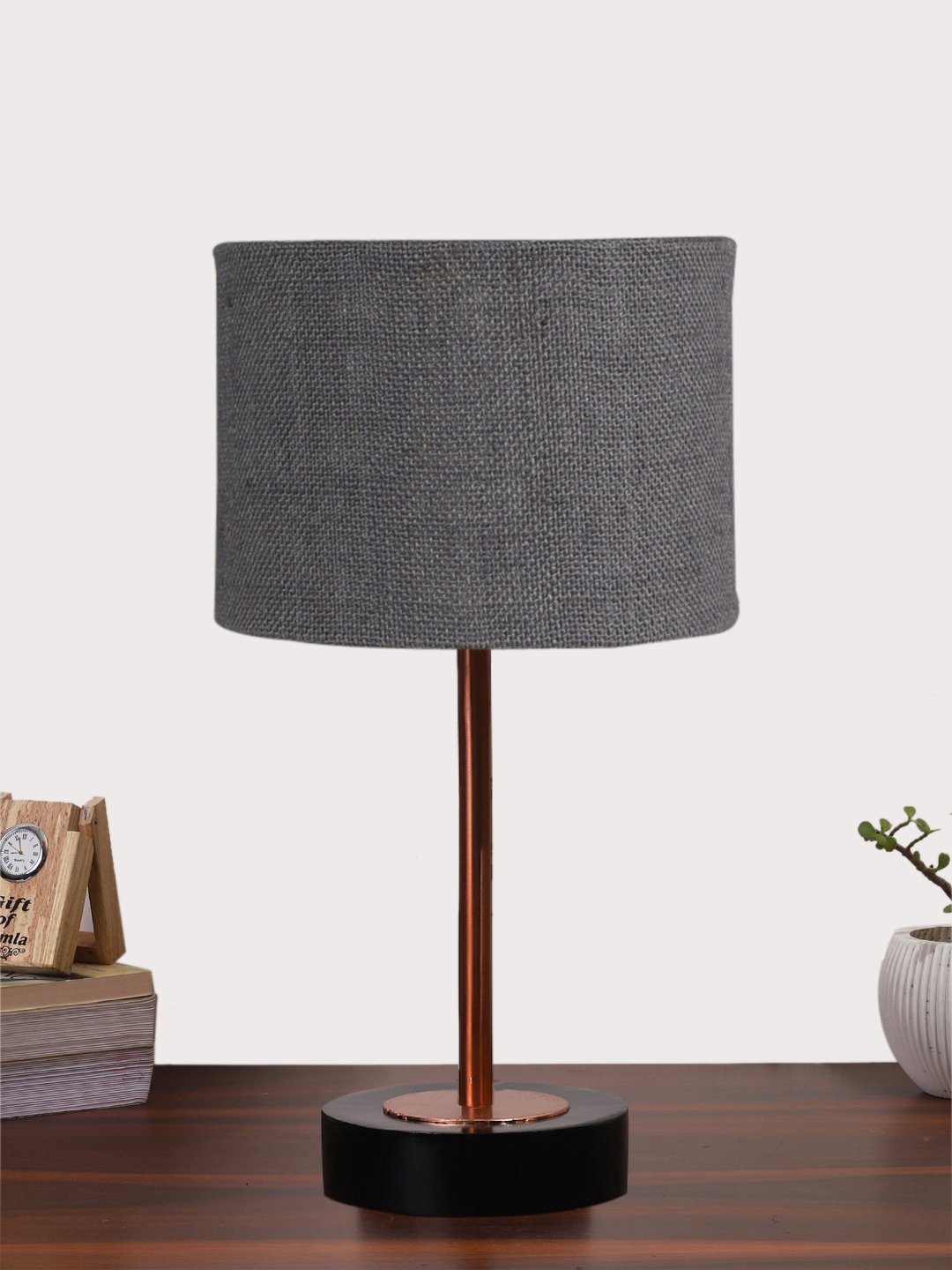 Ambika Home Luxury Premium Devansh Grey Jute table lamp with Black wood base & Copper finish Metal (7X17 inches)-17 Lamp with Grey Shade for Living Room, Bedroom & Hallway