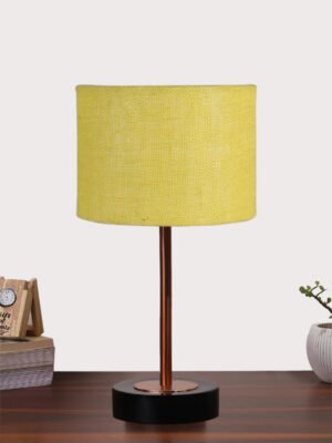 Ambika Home Luxury Premium Devansh Yellow  Jute   table lamp with  Black wood base & Copper finish Metal (7X17 inches)-17 Lamp with Yellow Shade for Living Room, Bedroom & Hallway