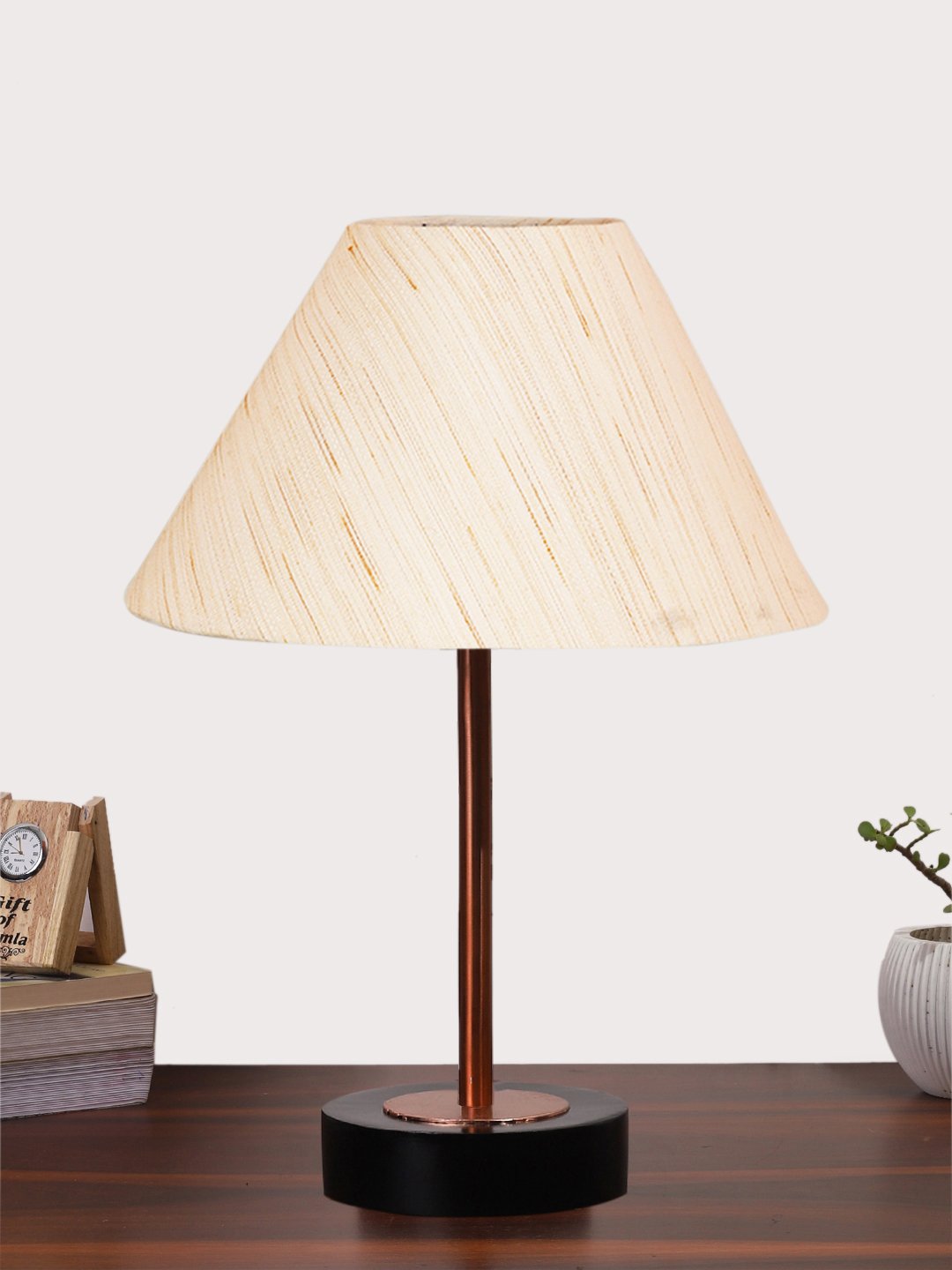 Ambika Home Luxury Premium Devansh off white cotton table lamp with Black wood base & Copper finish Metal (10X16.25 inches)-27 Lamp with off-white Shade for Living Room, Bedroom & Hallway