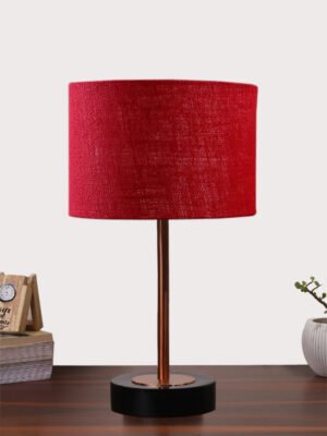 Ambika Home Luxury Premium Devansh Maroon Jute table lamp with g Black wood base & Copper finish Metal -(7X17 inches)-12 Lamp with Maroon Shade for Living Room, Bedroom & Hallway