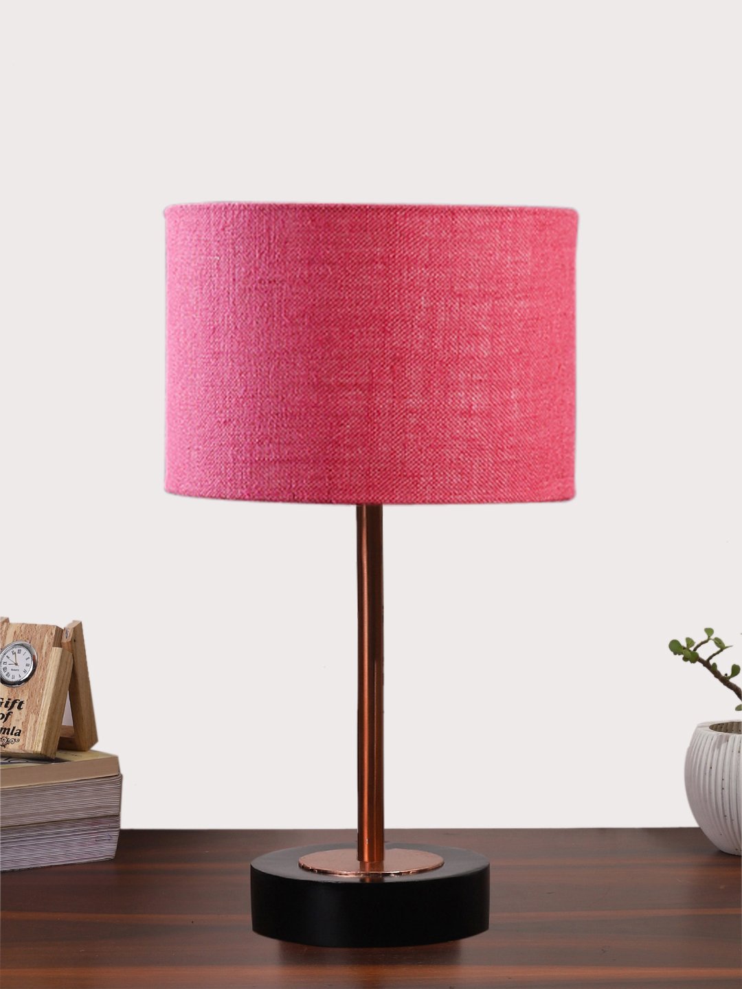 Ambika Home Luxury Premium Devansh Pink Jute table lamp with Black wood base & Copper finish Metal (7X17 inches)-11 Lamp with Pink Shade for Living Room, Bedroom & Hallway