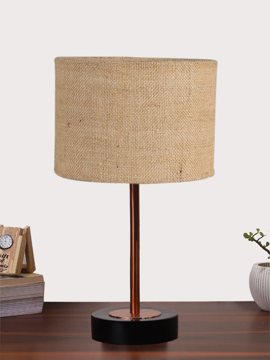 Ambika Home Luxury Premium Devansh Beige Jute table lamp with Black wood base & Copper finish Metal (7X17 inches)-9 Lamp with Beige Shade for Living Room, Bedroom & Hallway