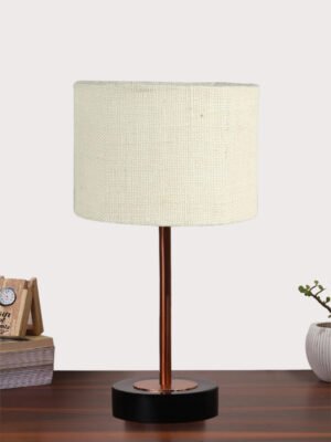 Ambika Home Luxury Premium Devansh White Jute table lamp with Black wood base & Copper finish Metal (7X17 inches)-10 Lamp with White Shade for Living Room, Bedroom & Hallway