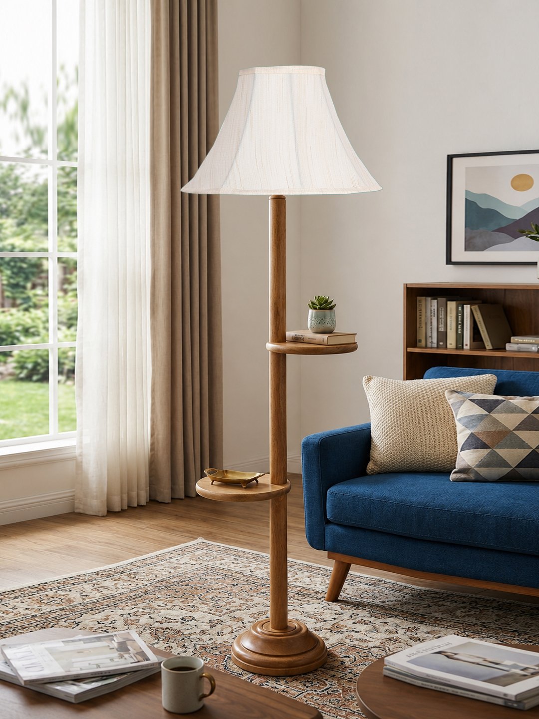 Ambika Home off white Soft back with Double Shelf floor Lamp Modern Floor Lamp | Off-white Cotton Shade, Wood Base | Luxury Living Room, Bedroom & Home Decor Lighting