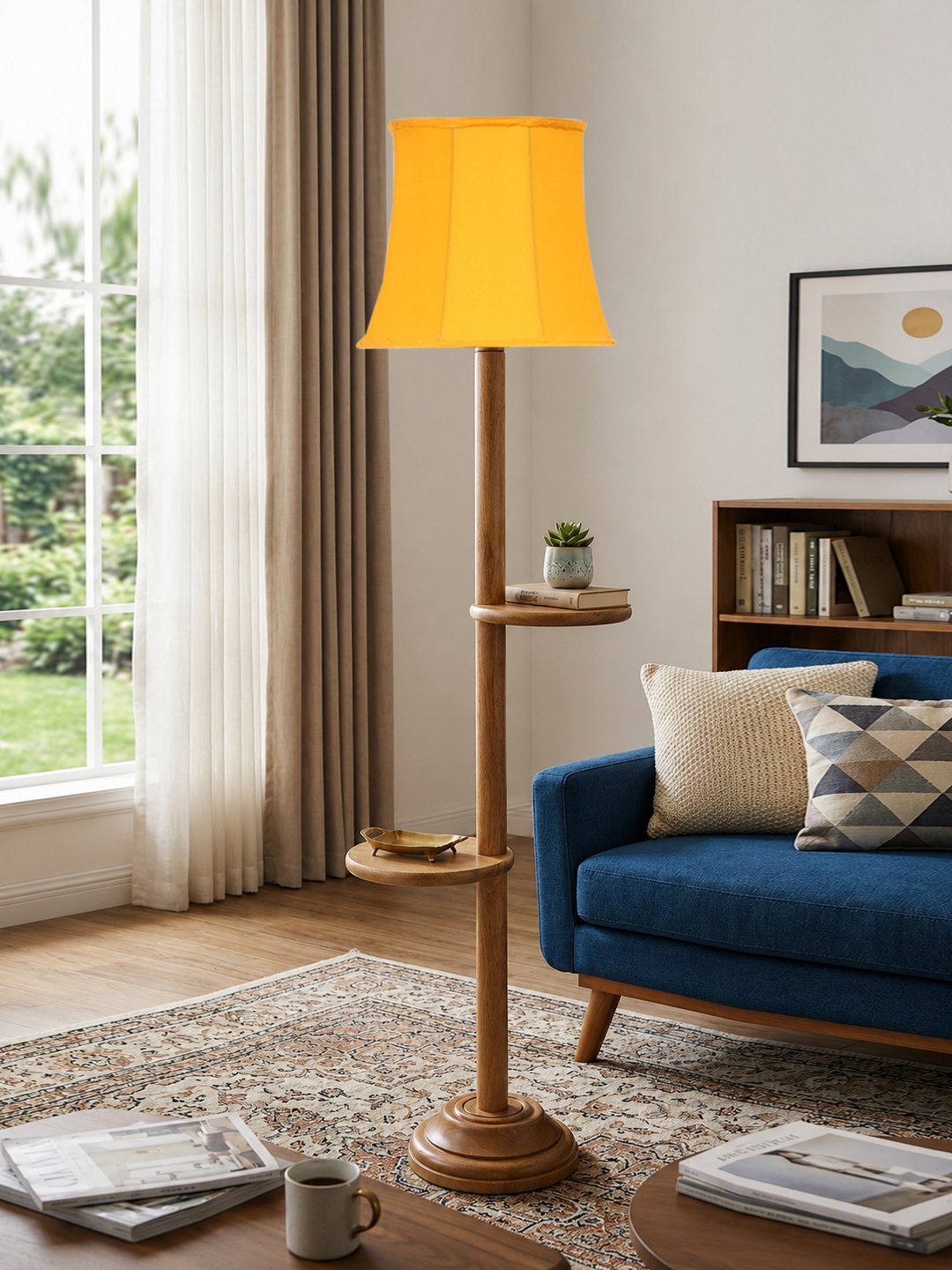 Ambika Home Soft back Orange cotton shade with Double Shelf floor Lamp Modern Floor Lamp | Orange Cotton Shade, Wood Base | Luxury Living Room, Bedroom & Home Decor Lighting