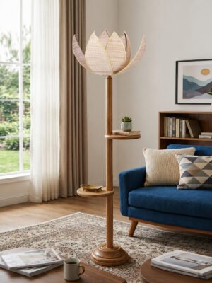 Ambika Home Rose Bamboo Shade with Double Shelf floor Lamp Modern Floor Lamp | Beige Bamboo Shade, Wood Base | Luxury Living Room, Bedroom & Home Decor Lighting