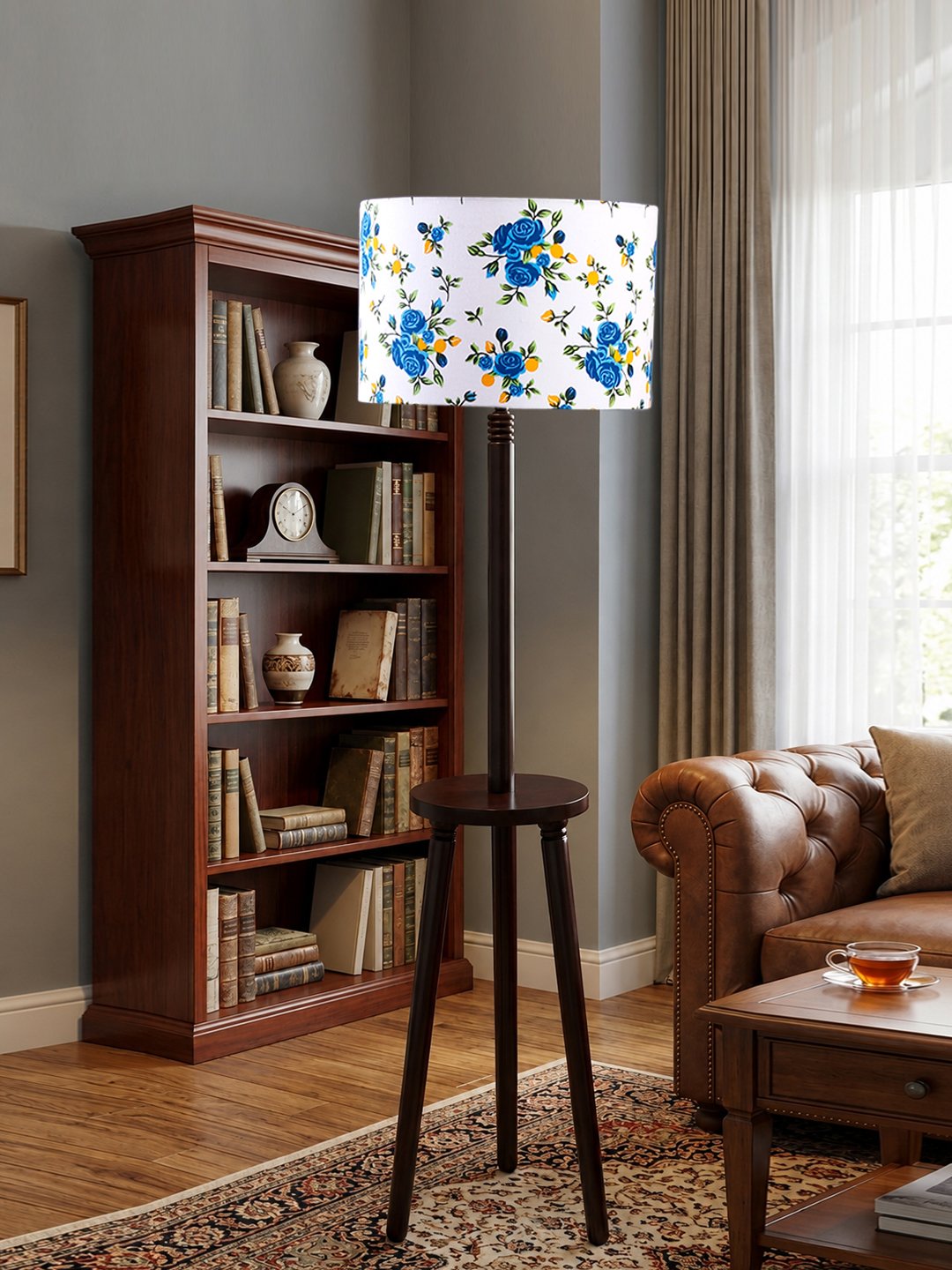Premium Multi Cotton Shade Floor Lamp with Wooden Shelf Stand for Living Room, Bedroom & Reading Corner | Modern Decorative Standing Lamp | Solid Wood Base | Elegant Home Lighting