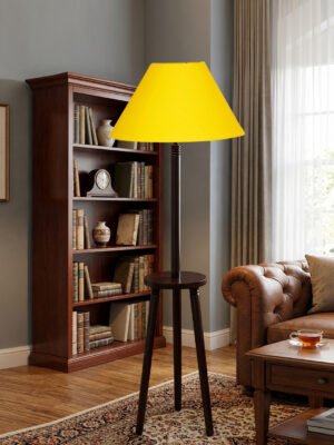Premium Yellow Cotton Shade Floor Lamp with Wooden Shelf Stand for Living Room, Bedroom & Reading Corner | Modern Decorative Standing Lamp | Solid Wood Base | Elegant Home Lighting