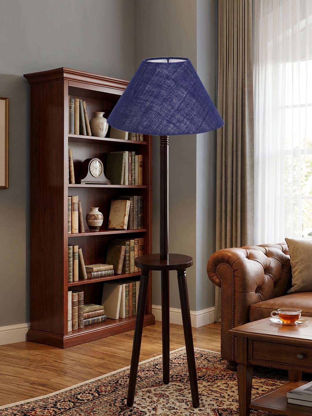 Premium Blue Jute Shade Floor Lamp with Wooden Shelf Stand for Living Room, Bedroom & Reading Corner | Modern Decorative Standing Lamp | Solid Wood Base | Elegant Home Lighting