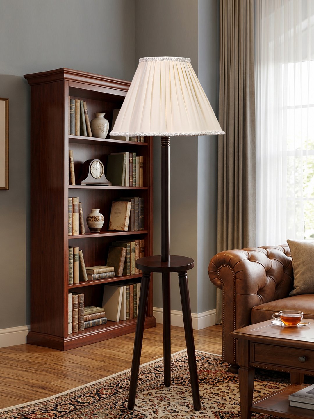 Premium Off-white Cotton Shade Floor Lamp with Wooden Shelf Stand for Living Room, Bedroom & Reading Corner | Modern Decorative Standing Lamp | Solid Wood Base | Elegant Home Lighting