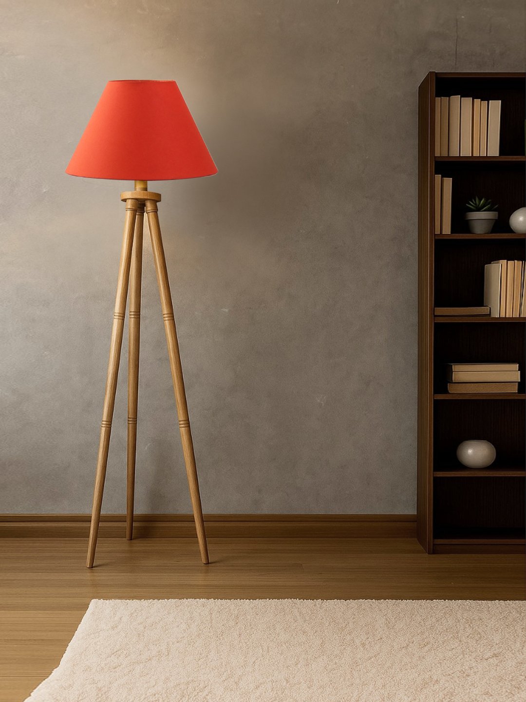 Orange Cotton Conical Shade Wooden Tripod Floor Lamp for Living Room, Bedroom & Hotel Decor | Modern Standing Lamp with Natural Wood Base, E27 Holder, Ambient Lighting & Premium Home Decor