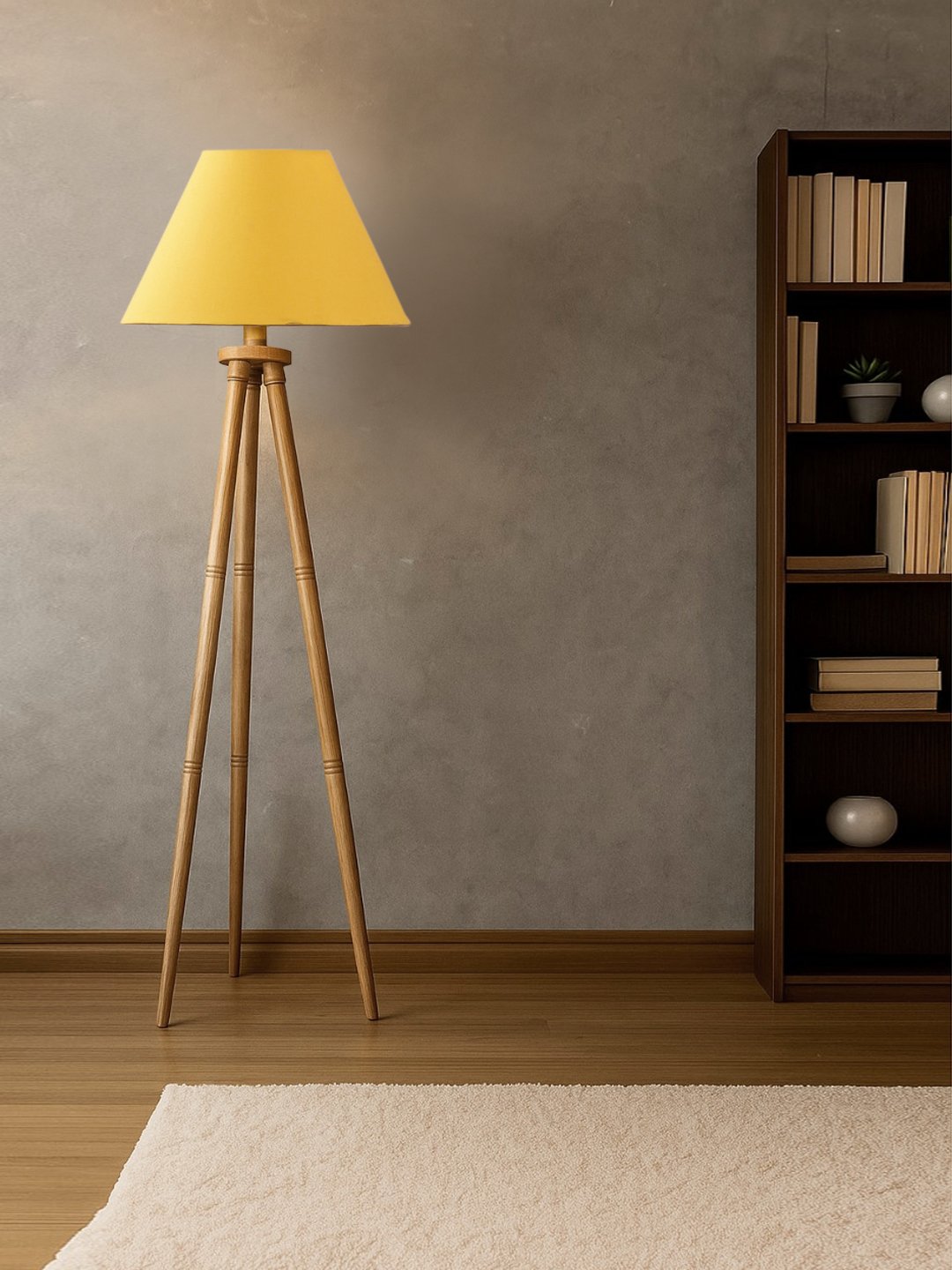 Yellow Cotton Conical Shade Wooden Tripod Floor Lamp for Living Room, Bedroom & Hotel Decor | Modern Standing Lamp with Natural Wood Base, E27 Holder, Ambient Lighting & Premium Home Decor