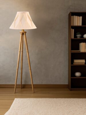 Off-white Curtain Cotton Shade Wooden Tripod Floor Lamp for Living Room, Bedroom & Hotel Decor | Modern Standing Lamp with Natural Wood Base, E27 Holder, Ambient Lighting & Premium Home Decor