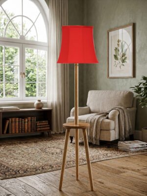 Ambika Home Premium  Red Cotton Shade Floor Lamp with Wooden Shelf Stand for Living Room, Bedroom & Reading Corner | Modern Decorative Standing Lamp | Solid Wood Base | Elegant Home Lighting