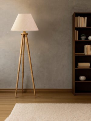 Ambika Home Off-white  Shade Wooden Natural Tripod Floor Lamp for Living Room, Bedroom & Hotel Decor | E27 Holder Included Bulb