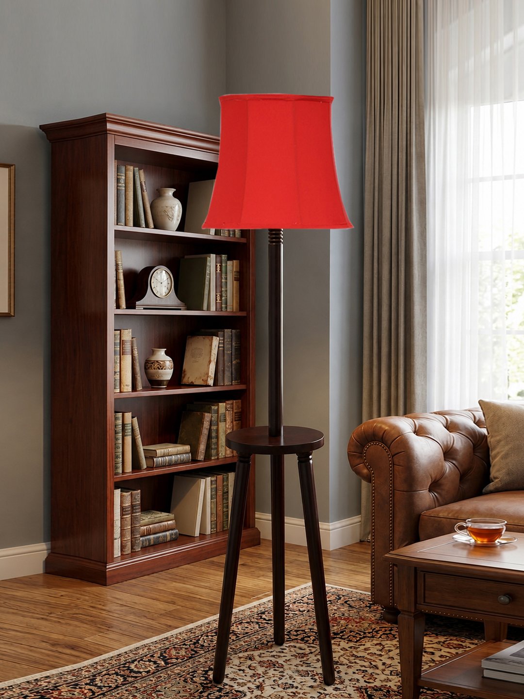 Premium Red Cotton Shade Floor Lamp with Wooden Shelf Stand for Living Room, Bedroom & Reading Corner | Modern Decorative Standing Lamp | Solid Wood Base | Elegant Home Lighting - Image 2