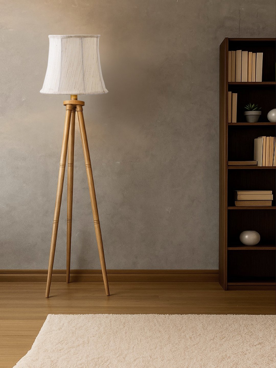 Ambika Home Premium Off-white Fabric Shade Floor Lamp for Hallway & Guest Room | Wooden Natural Tripod Stand | E27 Holder Included Bulb