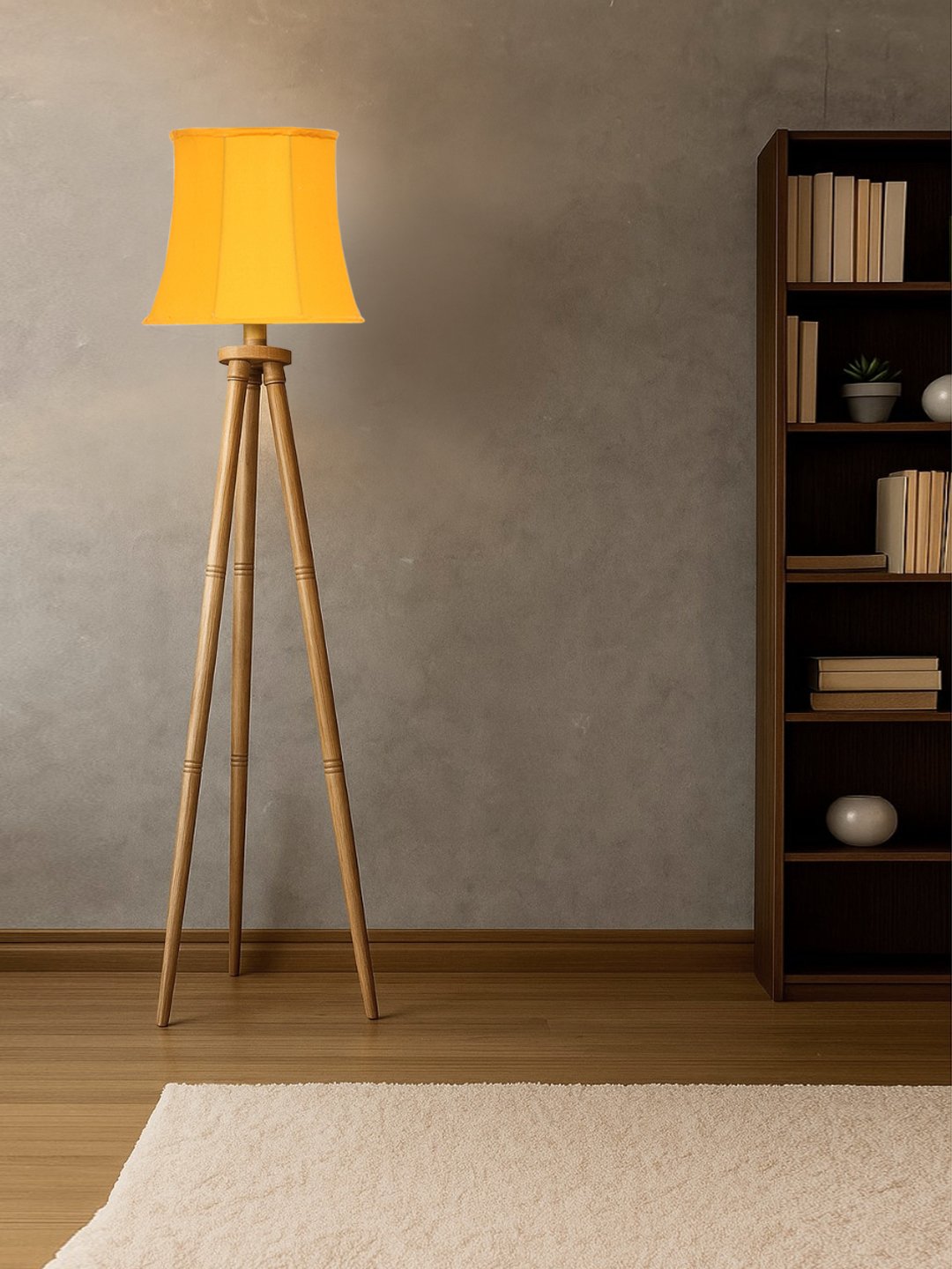 Ambika Home Designer Yellow Wooden Natural Tripod Floor Light for Living Space & Hotels | E27 Holder Included Bulb