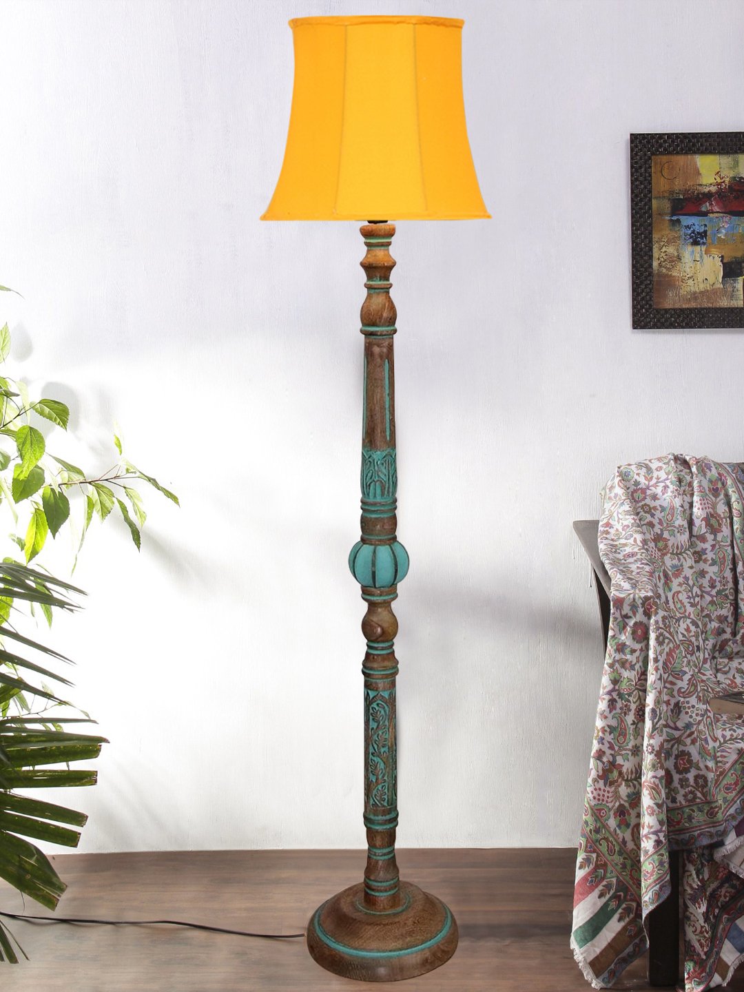 Ambika Home YELLOW Shade Wooden Floor Lamp for Living Room, Bedroom & Hallway | Modern Wood Standing Lamp | B22 Holder | Hotel & Guest Room Decor