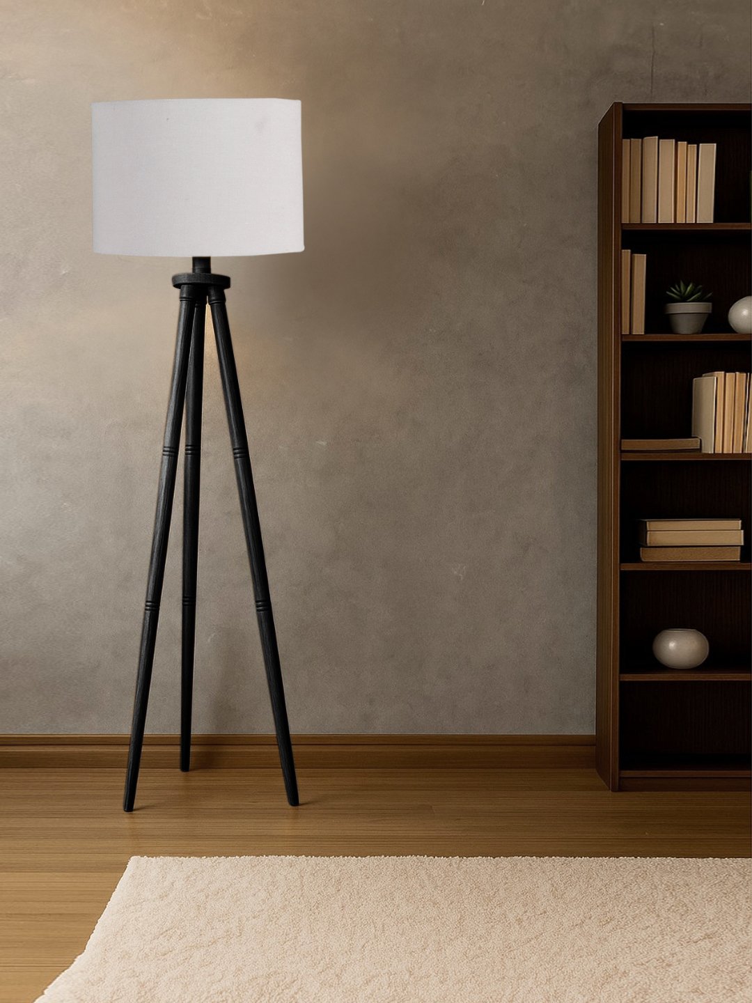 Ambika Home Grey Shade Wooden Tripod Floor Lamp for Living Room, Bedroom & Hotel Decor | E27 Holder Included Bulb