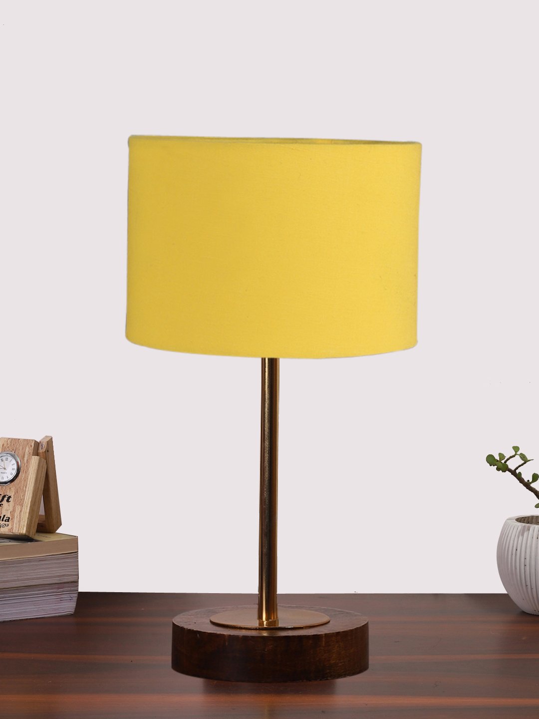 Ambika Home Luxury Premium Devansh Yellow cotton table lamp with Brown wood Base & Golden finish Metal (7X17 inches)-6 Lamp with Yellow Shade for Living Room, Bedroom & Hallway