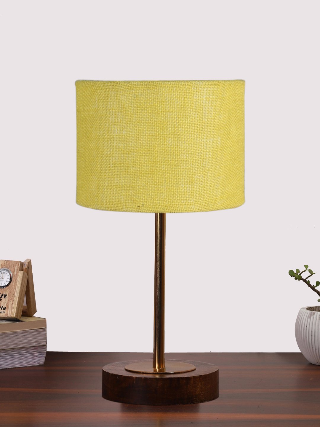 Ambika Home Luxury Premium Devansh Yellow Jute table lamp with Brown wood Base & Golden finish Metal (7X17 inches)-17 Lamp with Yellow Shade for Living Room, Bedroom & Hallway