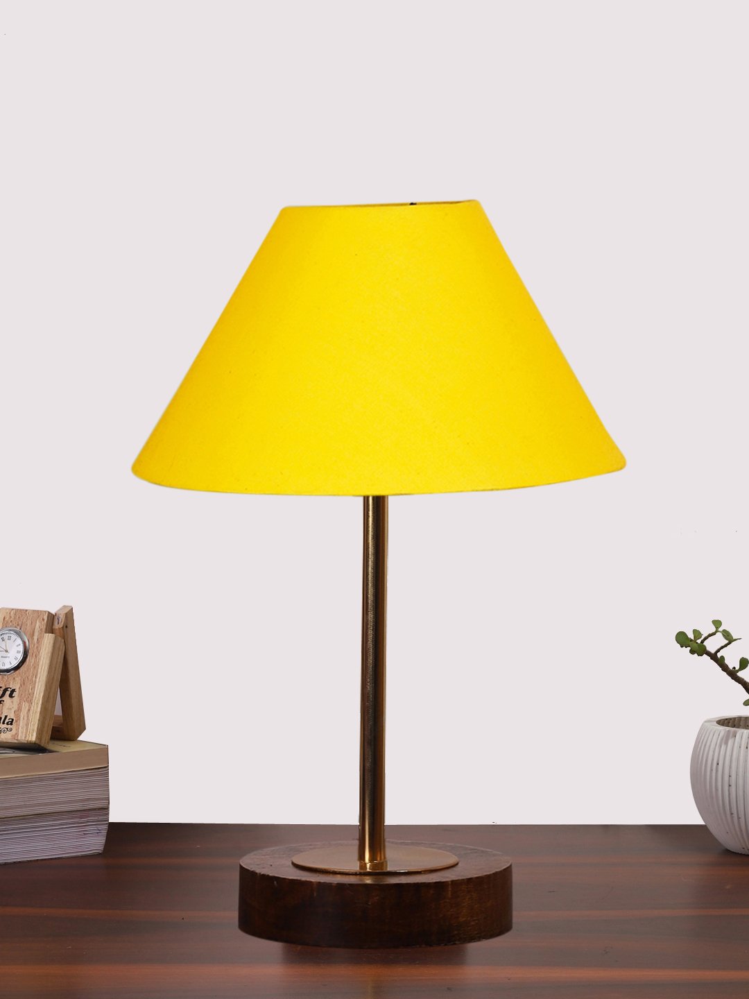 Ambika Home Luxury Premium Devansh Yellow cotton table lamp with Brown wood Base & Golden finish Metal (10X16.25 inches)-31 Lamp with Yellow Shade for Living Room, Bedroom & Hallway