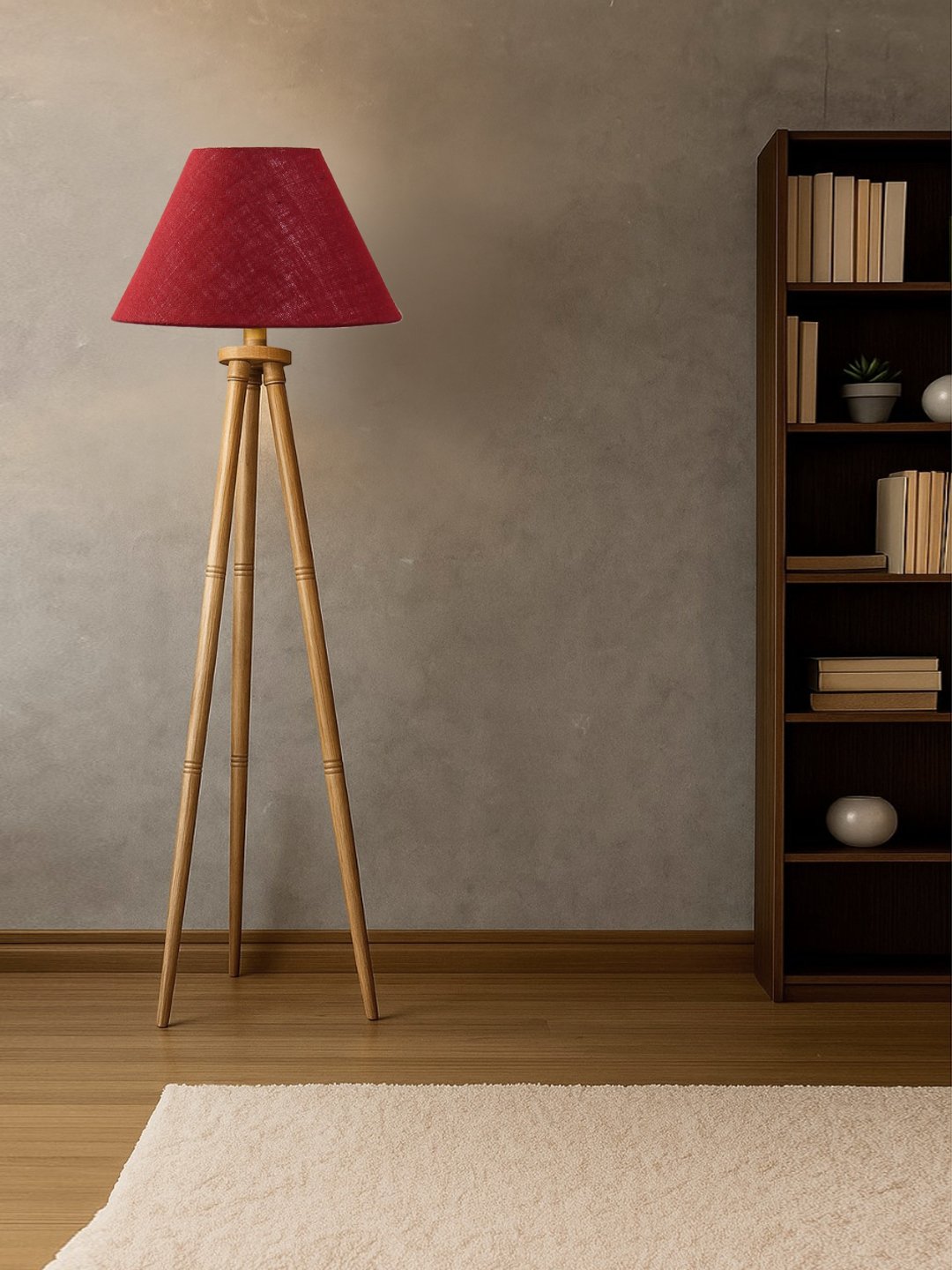 Maroon Jute Conical Shade Wooden Tripod Floor Lamp for Living Room, Bedroom & Hotel Decor | Modern Standing Lamp with Natural Wood Base, E27 Holder, Ambient Lighting & Premium Home Decor - Image 2
