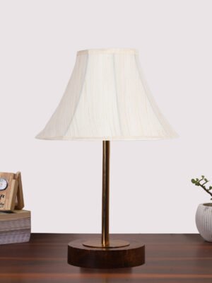 Ambika Home Luxury Premium Devansh Off-white cotton Vintage lamp with Brown wood Base & Golden finish Metal (12x17.75) Lamp with off-white Shade for Living Room, Bedroom & Hallway