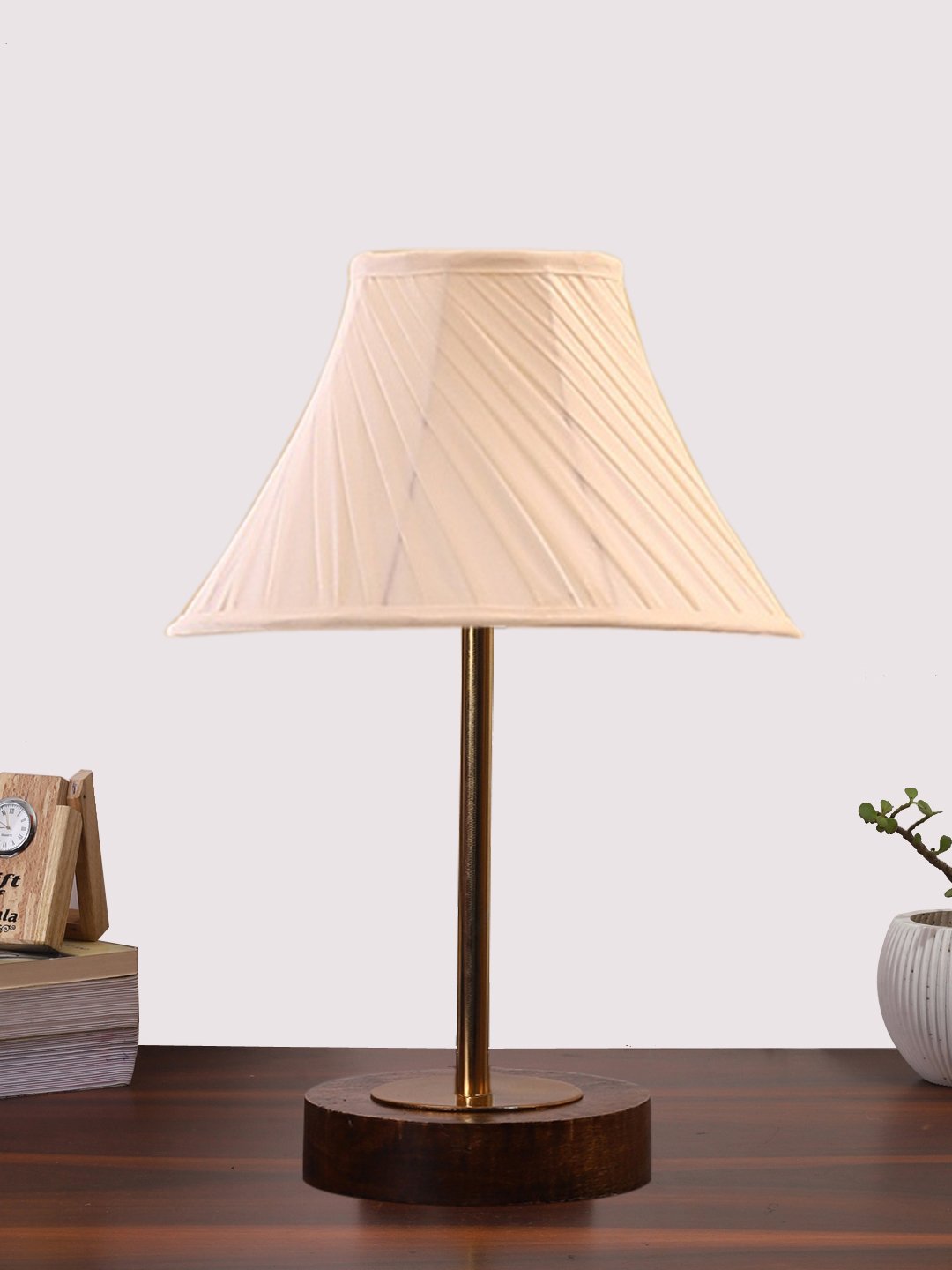 Ambika Home Luxury Premium Devansh Off-white cotton Vintage Cross Pleated lamp with Brown wood Base & Golden finish Metal (12x17.75) Lamp with off-white Shade for Living Room, Bedroom & Hallway