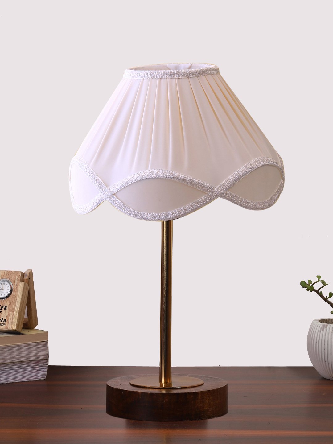 Ambika Home Luxury Premium Devansh Off-white cotton Vintage lamp with Brown wood Base & Golden finish Metal (12x19.25) Lamp with off-white Shade for Living Room, Bedroom & Hallway