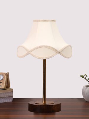 Ambika Home Luxury Premium Devansh Off-white cotton Vintage  lamp with Brown wood Base  & Golden finish Metal  (12x19.25) Lamp with off-white Shade for Living Room, Bedroom & Hallway