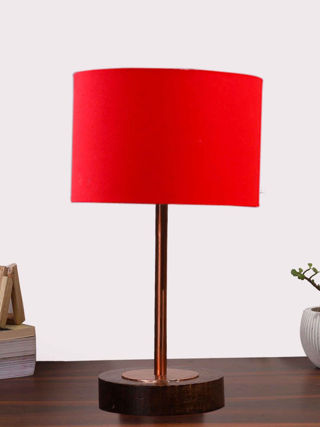Ambika Home Luxury Premium Devansh Red cotton table lamp with Brown wood Base & Copper finish Metal (7X17 inches)-4 Lamp with Red Shade for Living Room, Bedroom & Hallway