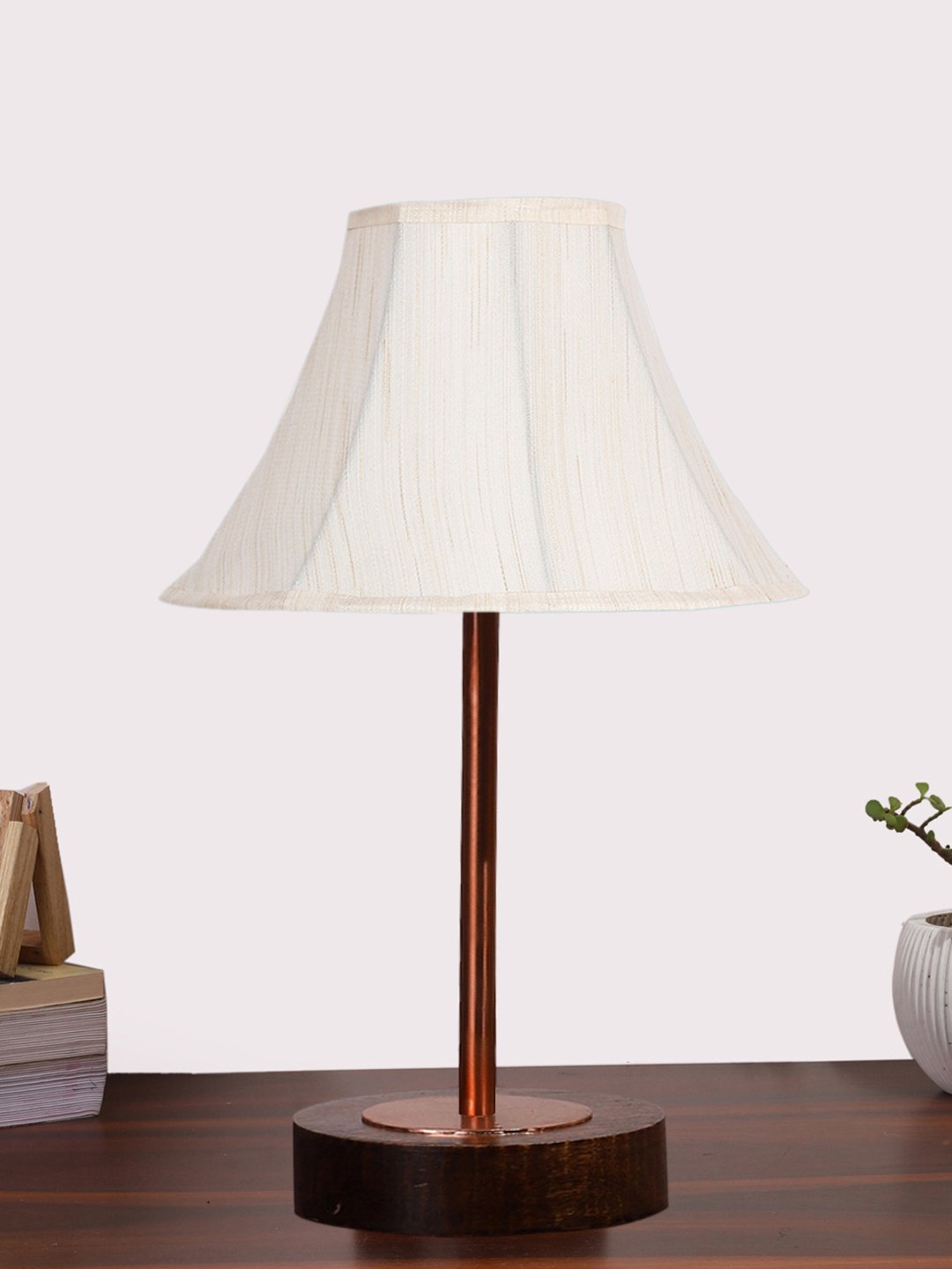 Ambika Home Luxury Premium Devansh Off-white cotton Vintage lamp with Brown wood Base & Copper finish Metal (12x17.75) Lamp with off-white Shade for Living Room, Bedroom & Hallway
