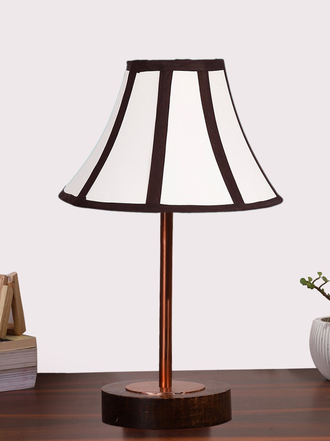 Ambika Home Luxury Premium Devansh Off-white cotton Vintage lamp with Brown wood Base & Copper finish Metal (12x17.75) Lamp with Multi Shade for Living Room, Bedroom & Hallway